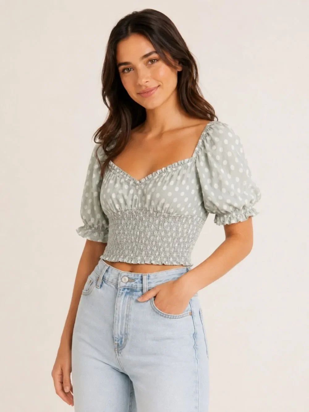 Abercrombie & Fitch Polka Dot Smocked Puff Sleeve Top M